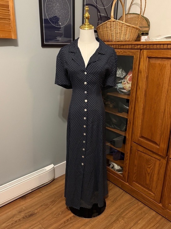 Vintage Dresses & Skirts - Vintage 90s Sheri Martin Polka Dot Maxi Dress | Navy Button Front Collared Dress